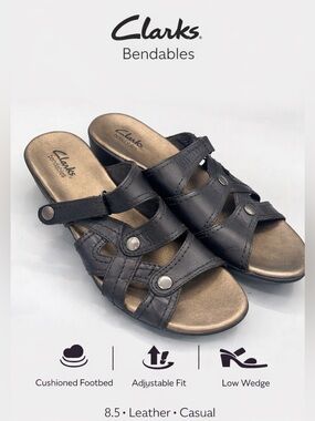 Clarks Bendables Leather Sandals Black Comfort Slide Size 8.5 Casual